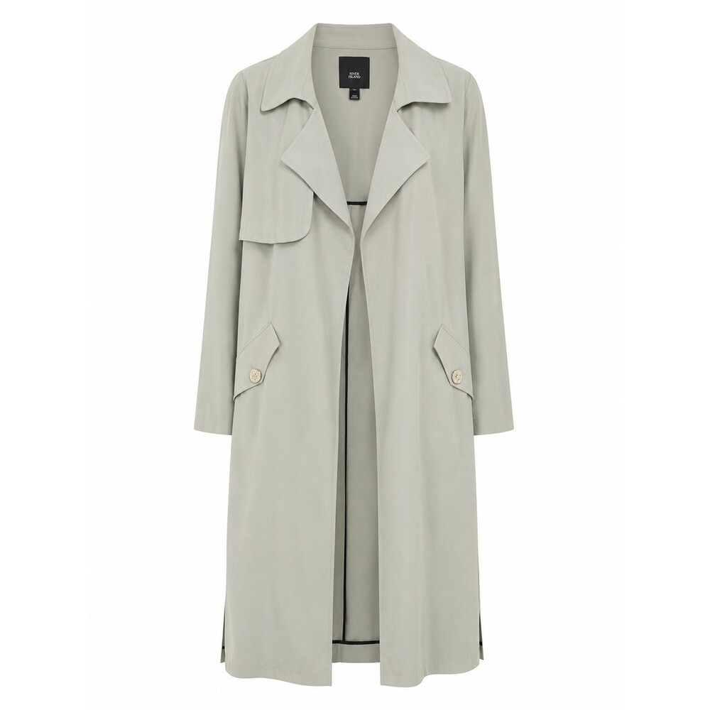 River Island Women's Light Sage Green Duster Trench Coat Size Medium Open Front